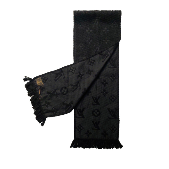 Louis Vuitton LV Monogram Logomania Black & Black Wool Silk Scarf Unisex $635 - Picture 4 of 16
